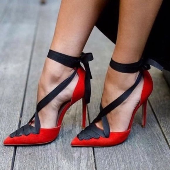 red pointed toe strappy heels